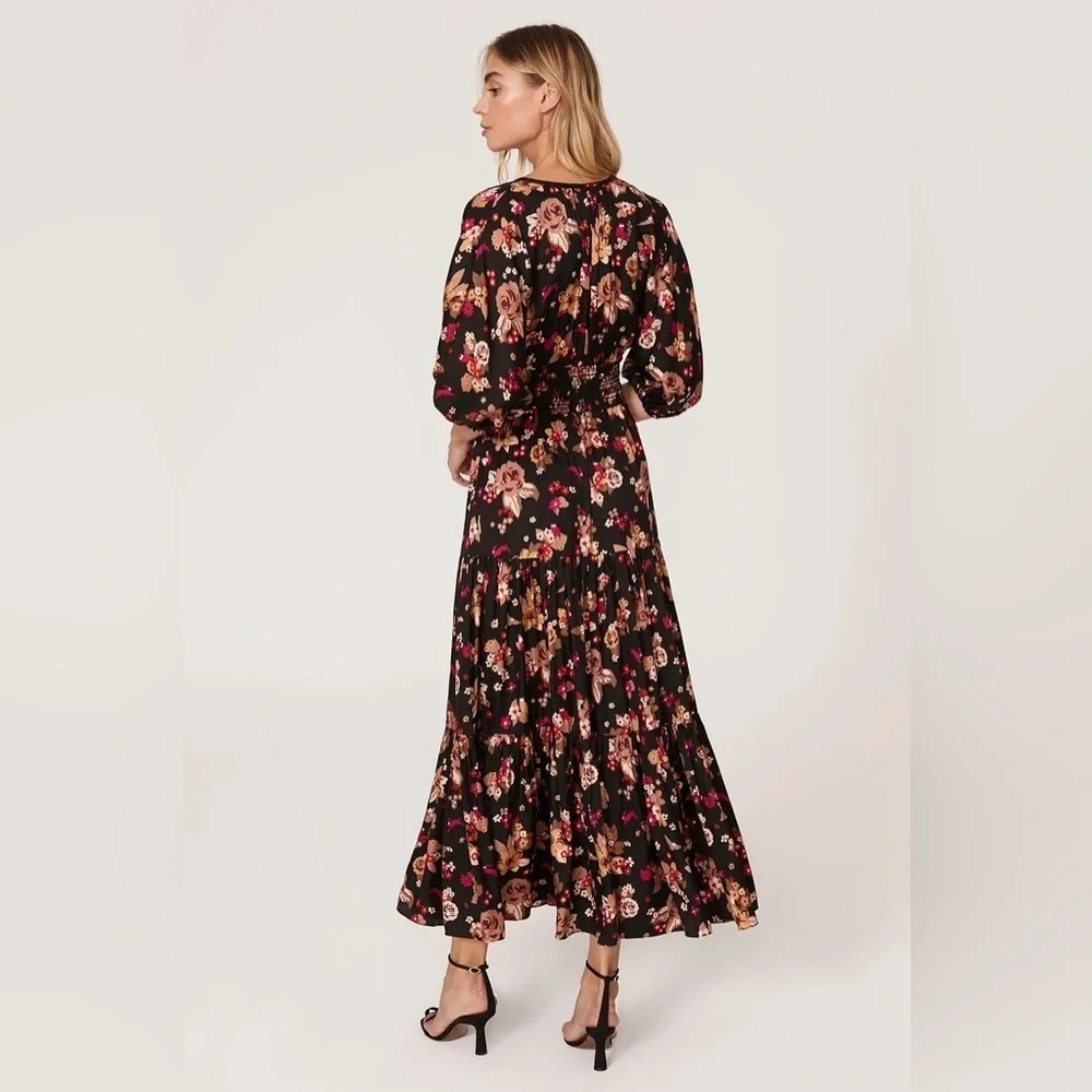 Kate Spade Floral Bouquet Silk Twill Midi Dress Sz XS Smocked Tiered Fall Love